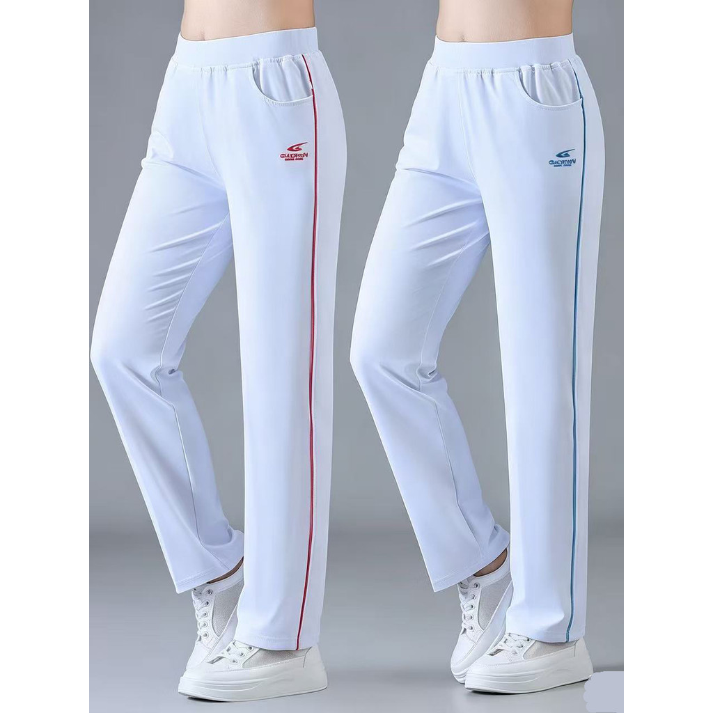 Calças esportivas finas de verão femininas retas soltas de secagem rápida branco quadrado dança tornozelo comprimento ca