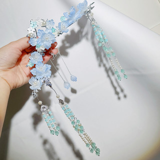 Frete grátis conjunto de acessórios de cabelo azul flor vitrificada artesanal Hanfu cabeça jóias Hairpin coroa de cabelo