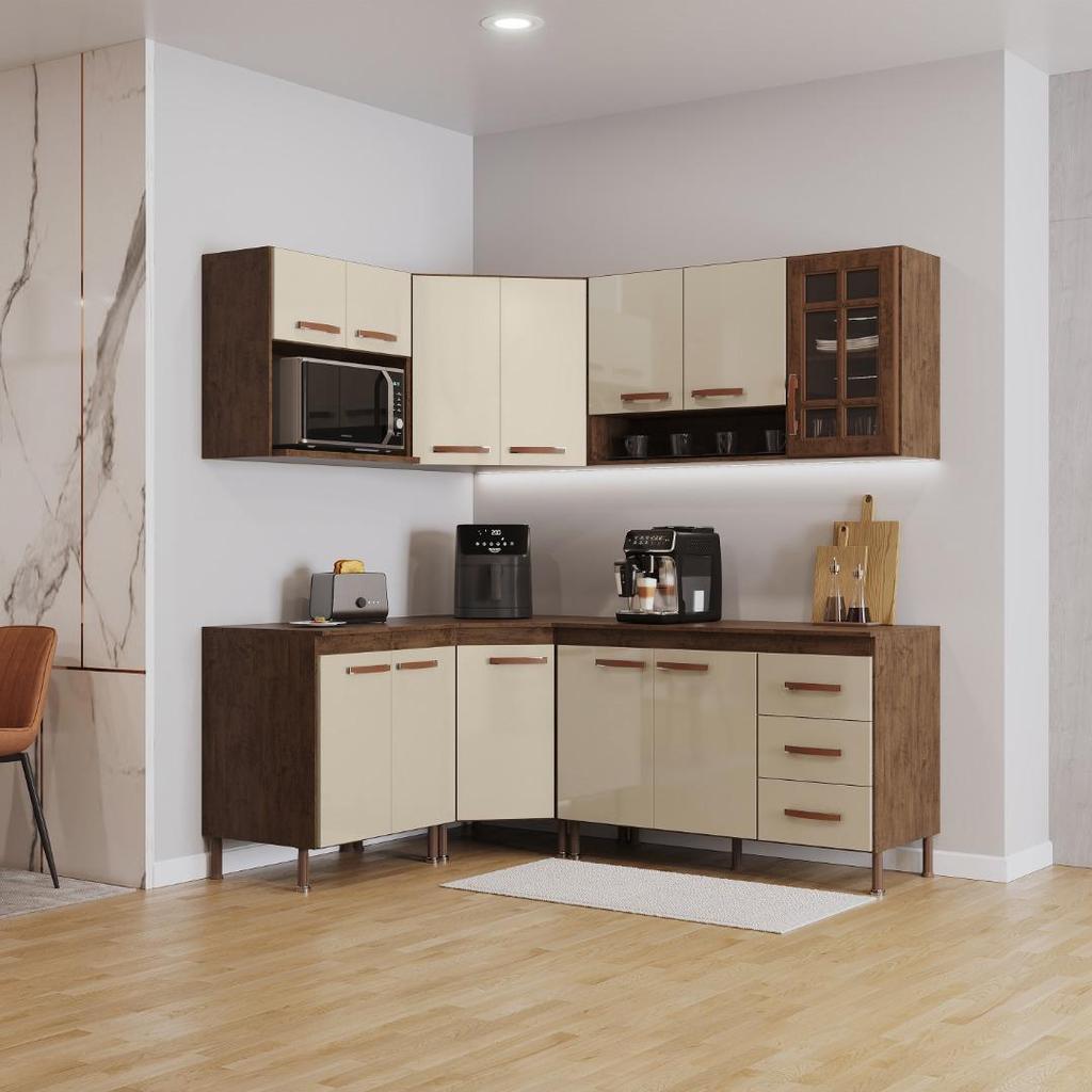 Cozinha Modulada Completa Fidelitá Lisboa 6 Peças 340cm 12 Portas 3 Gavetas Com Tampo Noce/Off-White