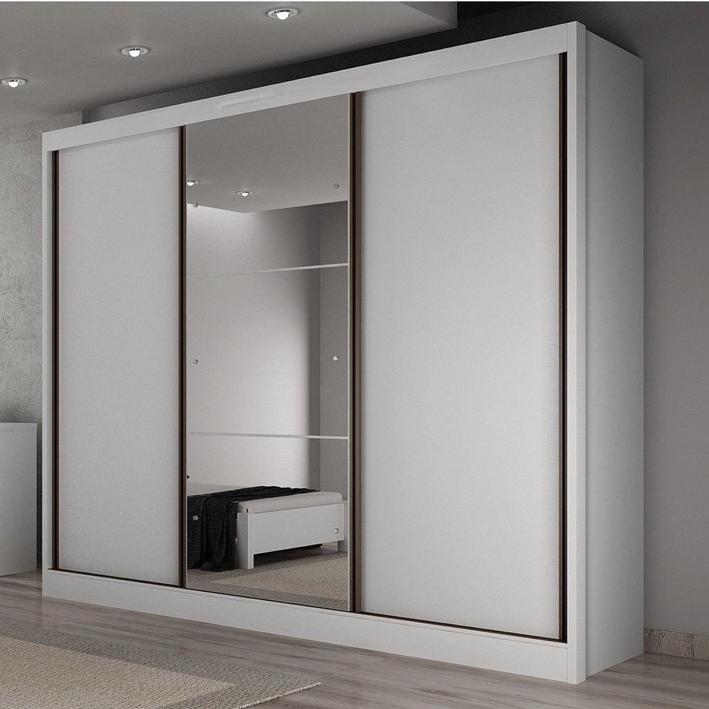 Guarda Roupa Casal com Espelho 3 Portas 6 Gavetas Wood Branco Branco