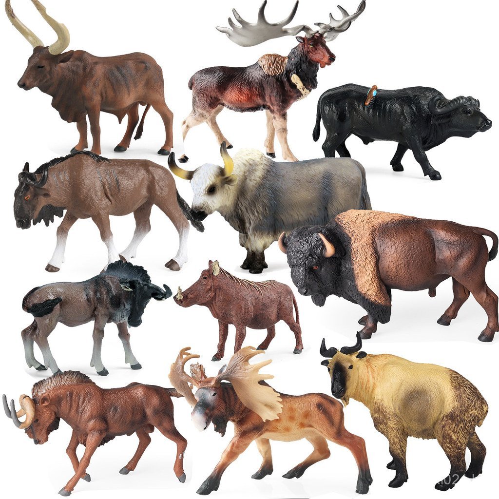 Brinquedos de animais selvagens simulados: gnu, iacu, antílope, javali, cervo, ovelha, modelos de pequenos animais, orna