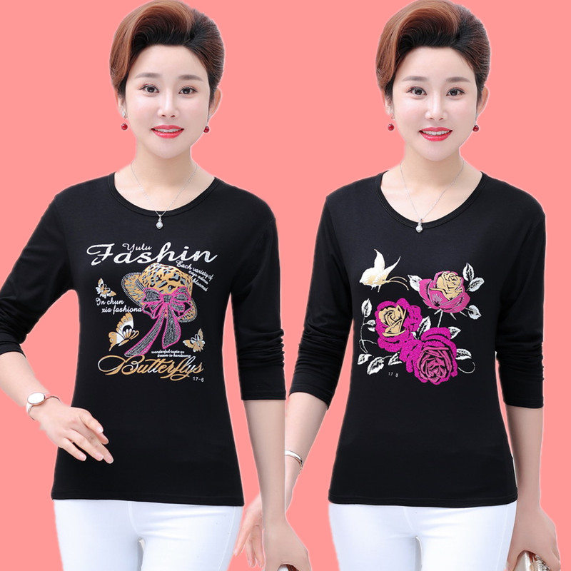 Meia-idade idosos de manga comprida feminino estilo mãe primavera outono estilo ocidental camiseta Modal algodão solto t