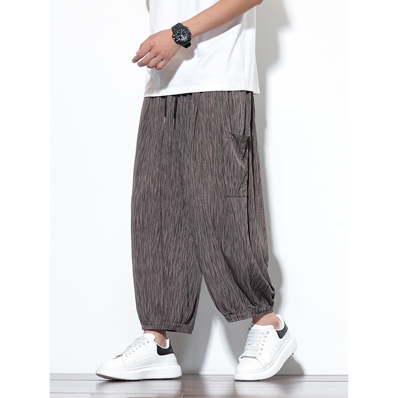 Estilo chinês calças cortadas de seda gelo dos homens verão gordo mais gordura plus Size solto Casual estilo japonês cor