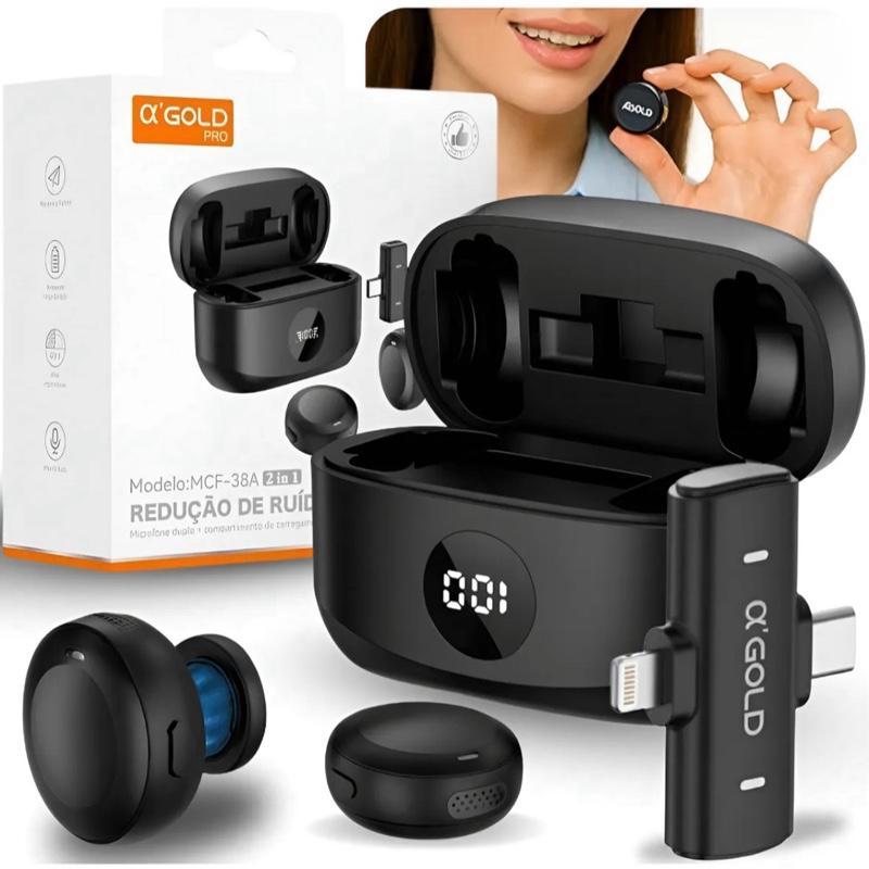 Agold 2 Mini Microfone Lapela Sem Fio Duplo MCF-38A Anti Ruido com Imã Preto para Celular Tipo-C e Lightning