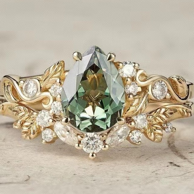 Conjunto de anéis de cristal verde claro incrustados, estilo ins, muito vendido, com folha de ouro e design floral, pres