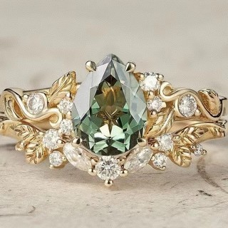 Conjunto de anéis de cristal verde claro incrustados, estilo ins, muito vendido, com folha de ouro e design floral, pres
