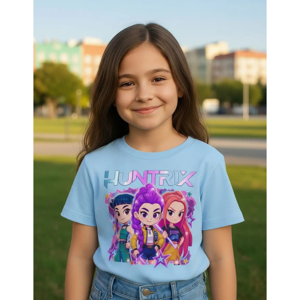 Camiseta Infantil Menina HUNTRIX Manga Curta Algodão Estampada Moda Infantil Feminina Blusa Casual Verão Confortável