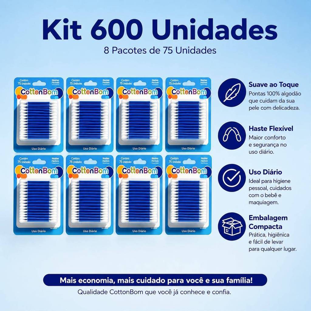 Kit 600 Unidades de Cotonete para Limpeza e Higiene Algodão Macio Hastes Flexíveis Embalagem Blíster e Sacos