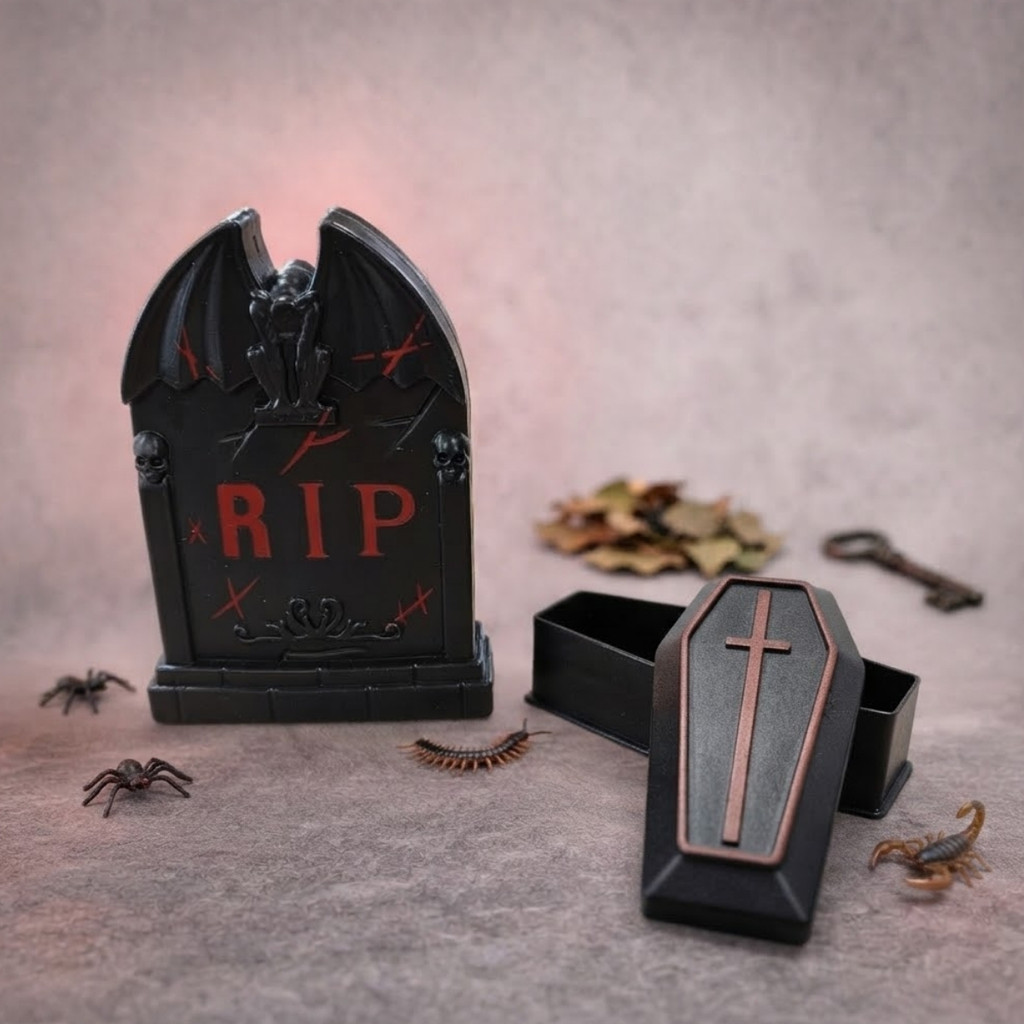 Enfeite Decorativo de Halloween Lápide e Caixão com Animal Surpresa - 6x9cm - 2 unidades - Festa Temática