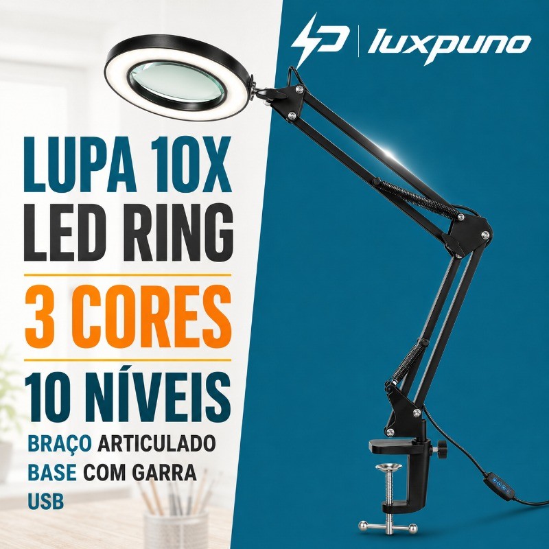 Luminária de Mesa Articulada Led Ring Light com Aumento 10x + Garra Escritório Base LED USB Ajustável 3 Cores 10 Níveis