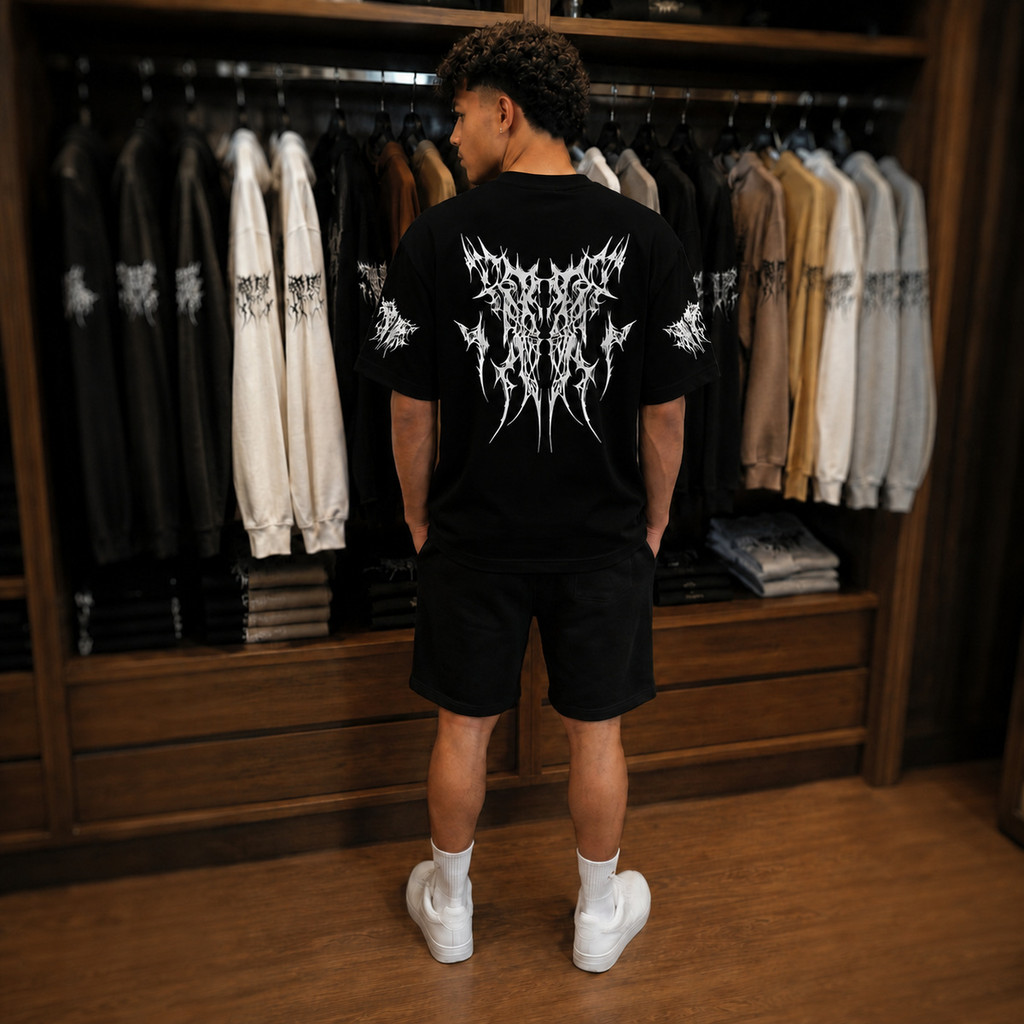 Conjunto Streetwear Camiseta Bermuda Gothic Tribal Gótica Algodão Estampada Moda Urbana