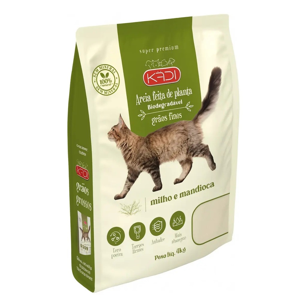 Areia Higiênica Biodegradável Para Gatos Kadi 4kg Grãos Finos