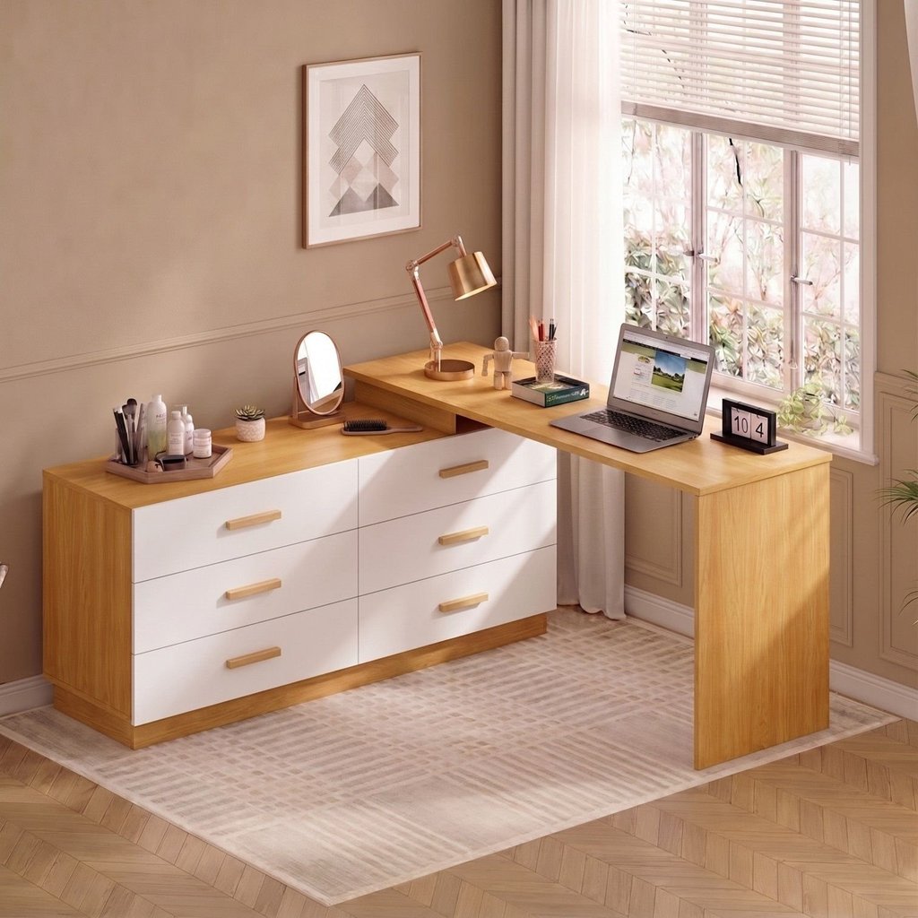 Escrivaninha Mesa Escritório em L com Cômoda Leonie 6 Gavetas 138 cm Yescasa Freijó e Branco Marrom Freijó/Branco