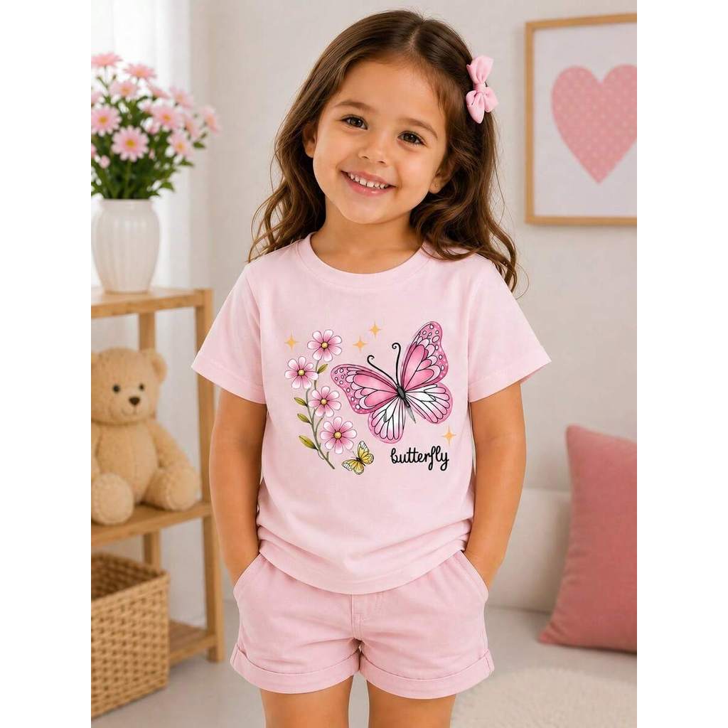 Camiseta Infantil Feminina Borboleta Rosa com Flores 100% Algodão – Blusa Menina Estampada Delicada Manga Curta