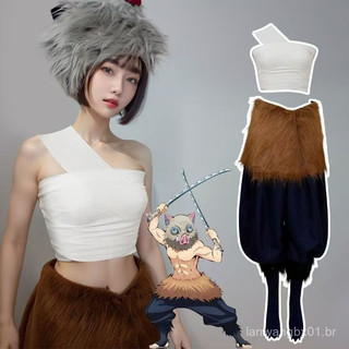 Fantasia de Anime Kimetsu no Yaiba Unissex, Uniformes de Cosplay de Hasihira Inosuke, Conjunto de Peruca e Chapéu 41UX