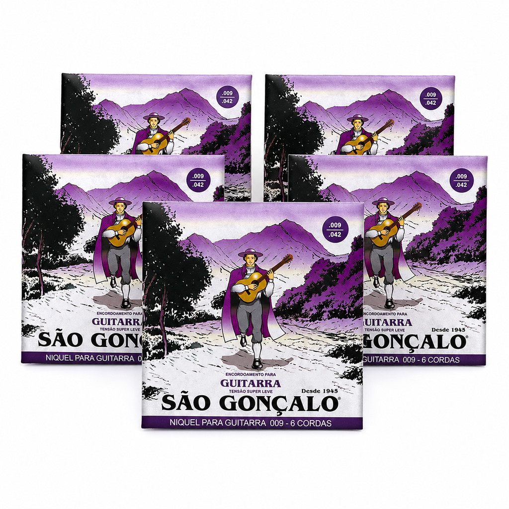 Kit 5 Encordoamentos São Gonçalo Guitarra 009-042 Níquel Super Leve 6 Cordas