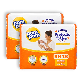 Kit 2 Fralda Descartável Pom Pom Protek Proteção de Mãe Recem Nascidos RN - Total 36 Unidades
