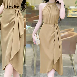 Lovito Vestido Elegante Assimétrico Plissado com Babados Vestido Caqui Primavera/verão LK7ED967
