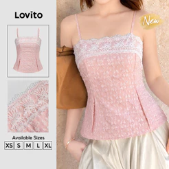 (New Arrival) Lovito Casual Blusa Sem Mangas Alça Fina Rosa Babado Gola Pregos Jacquard Primavera Verão Fim De Semana Para Mulheres TKB206TD082