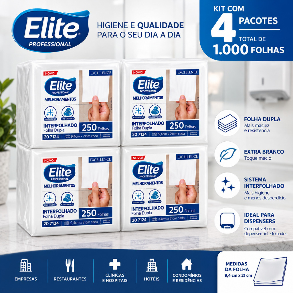 Kit 4 Papel Higiênico Interfolhado Elite Folha Dupla Cai Cai 250 Folhas