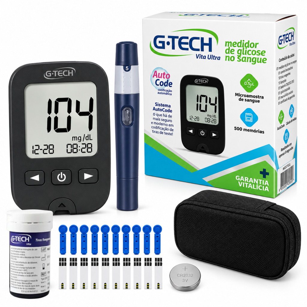 APARELHO MEDIDOR DE GLICOSE KIT COMPLETO VITA ULTRA  GTECH PRETO 10 TIRAS E 10 LANCETAS
