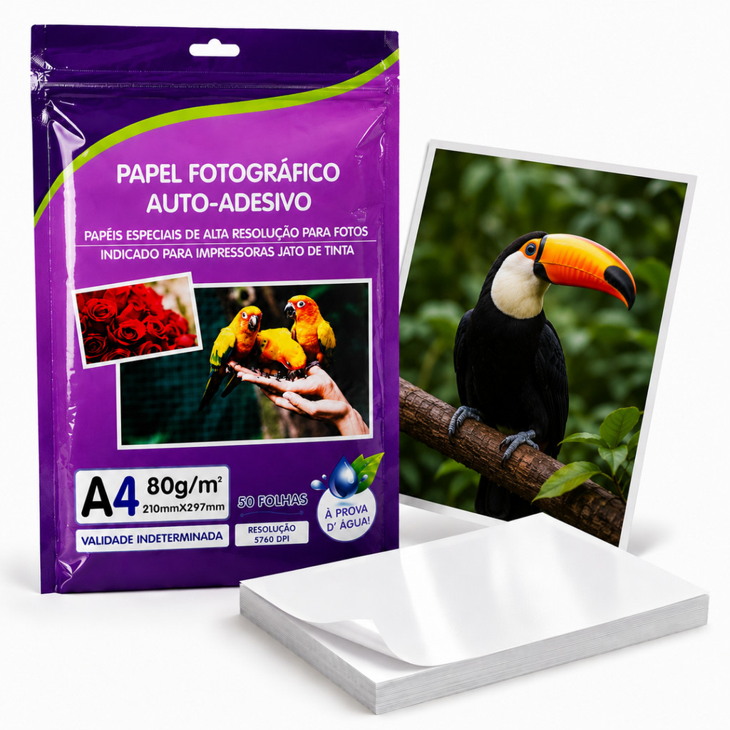 Papel Fotográfico Adesivo 50 Folhas Premium A4 A Prova D'agua Glossy 80g Impressão de Alta Resolução