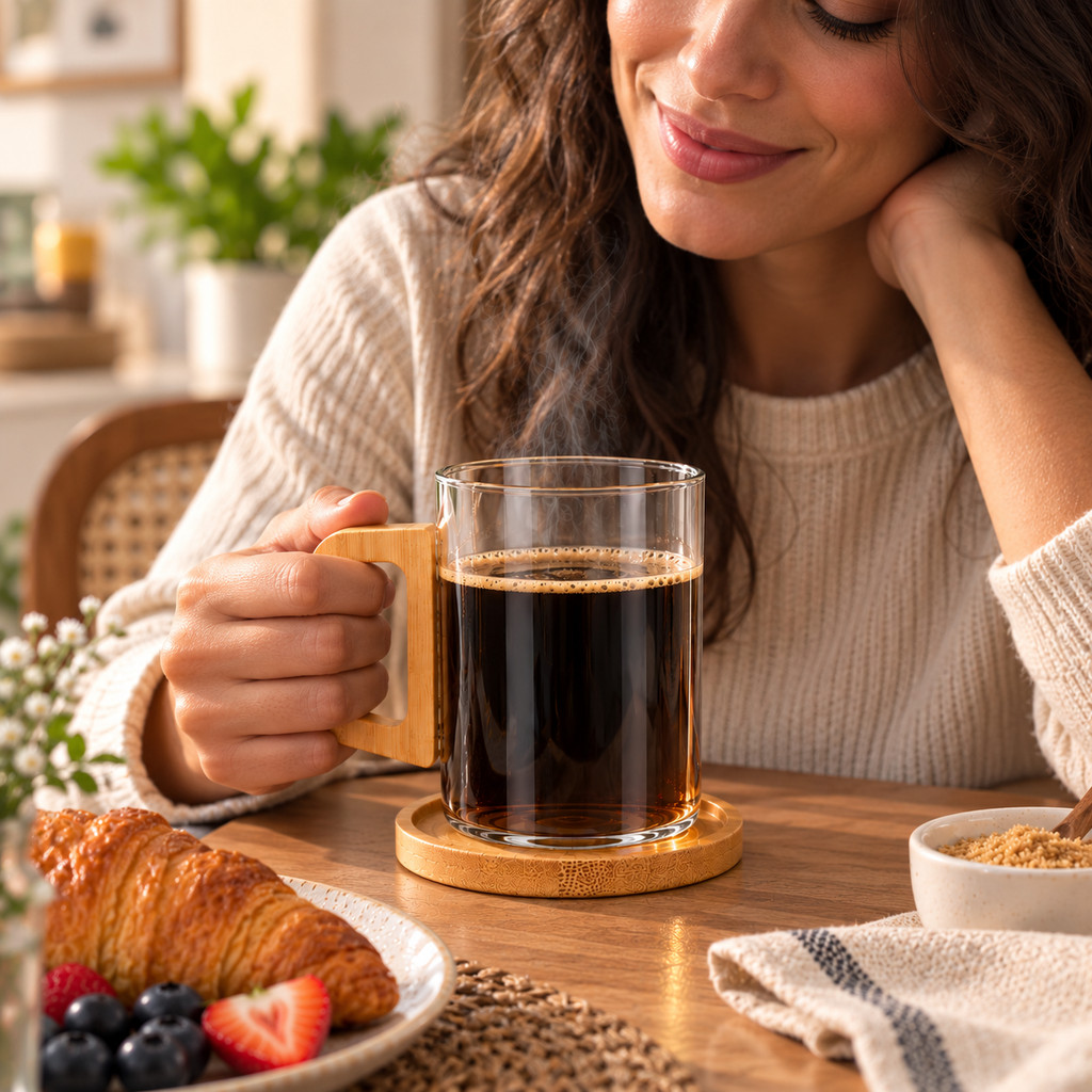 Kit 2 Xícaras Canecas de Vidro 350ml Com Pires E Alça de Bambu — imagem 2 de 2