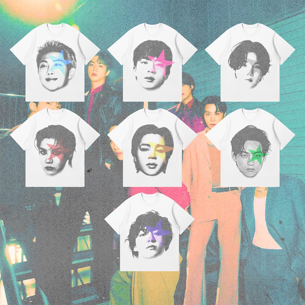 Camiseta Feminina Oversized BTS Grupo Kpop, Estampa Gráfico de Estrelas Coloridas, Confortável Streetwear