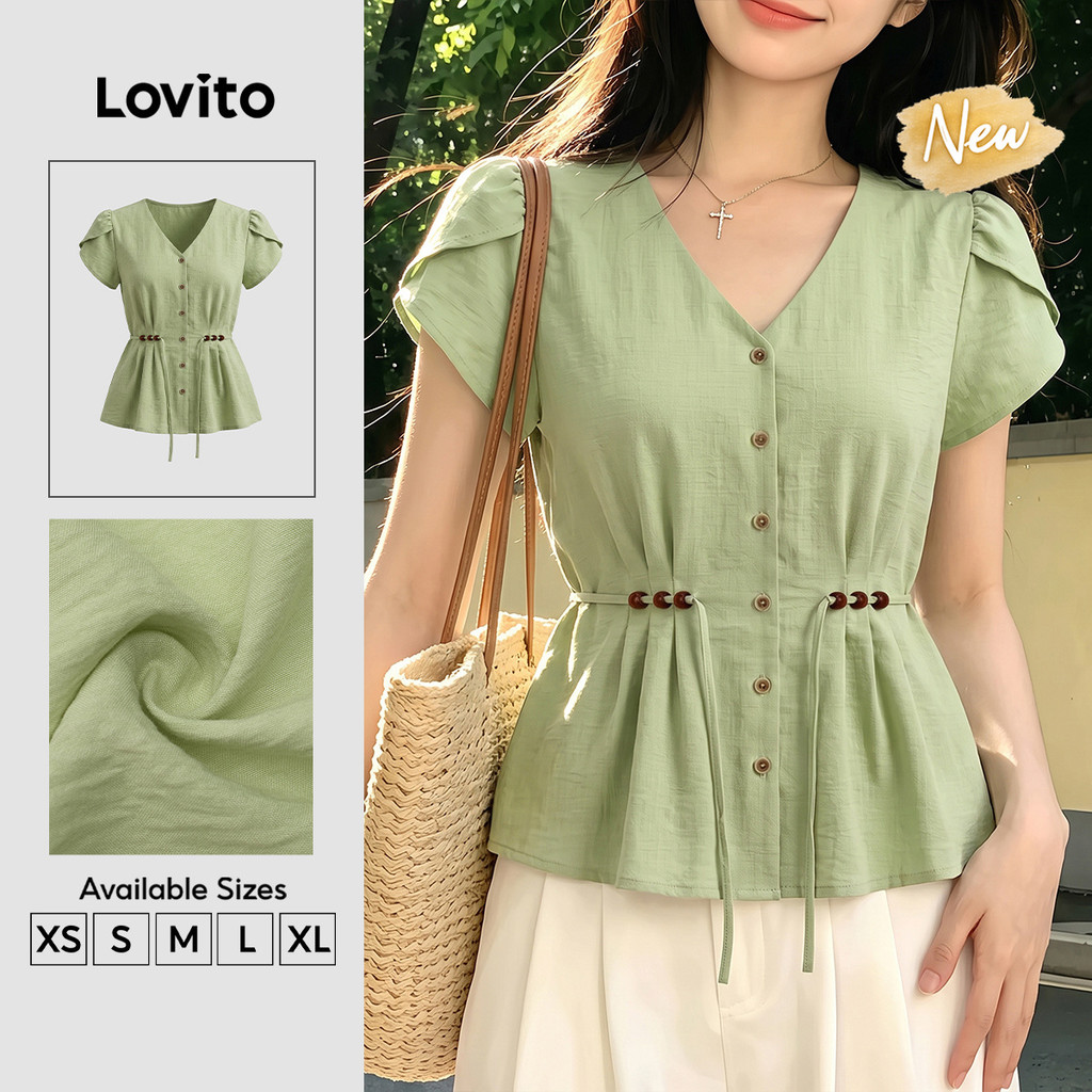 Lovito Blusa Feminina Verde Manga Curta Gola V Botão Contas e Pregas Primavera Verão Traje de Trabalho BLB204P1D263