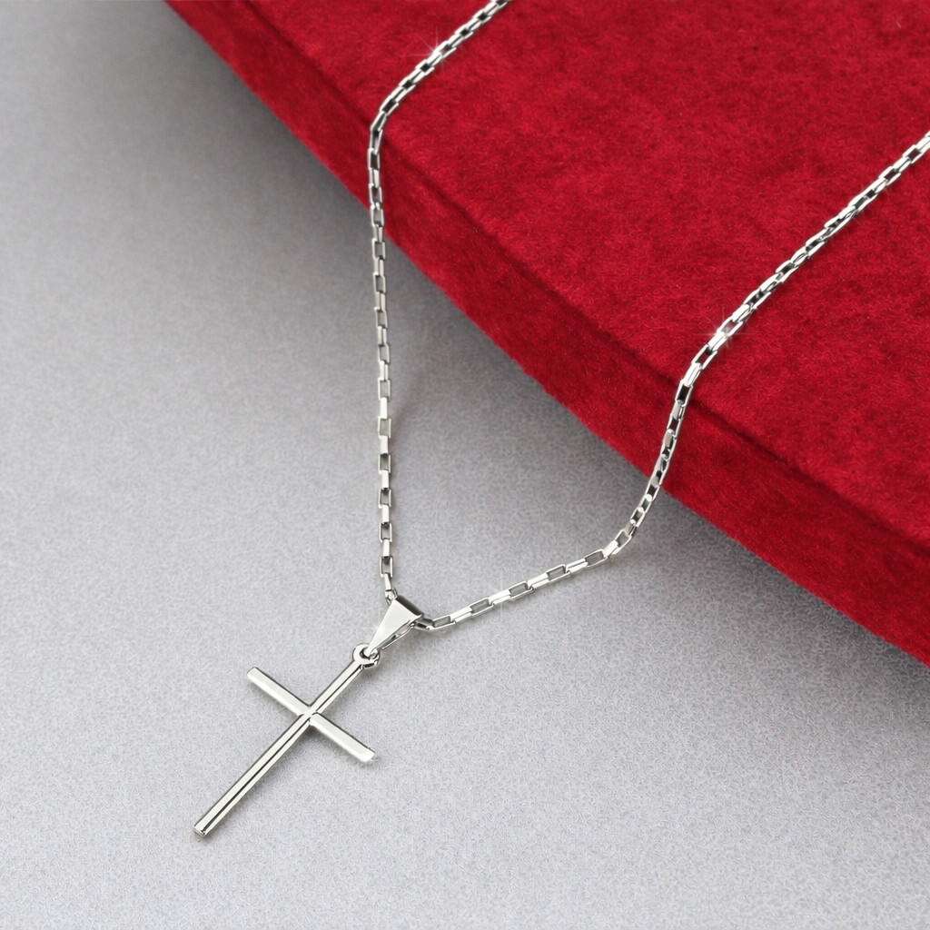 Corrente Tijolinho Masculina Prata 2mm Aço Inox Legítimo com Pingente Cruz Palito