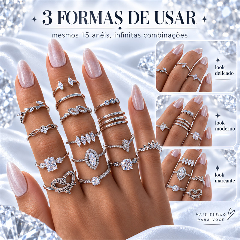Kit 15 Anéis Femininos Prateados de Falange com Strass e Zircônias Estilo Delicado Empilhável — imagem 2 de 2