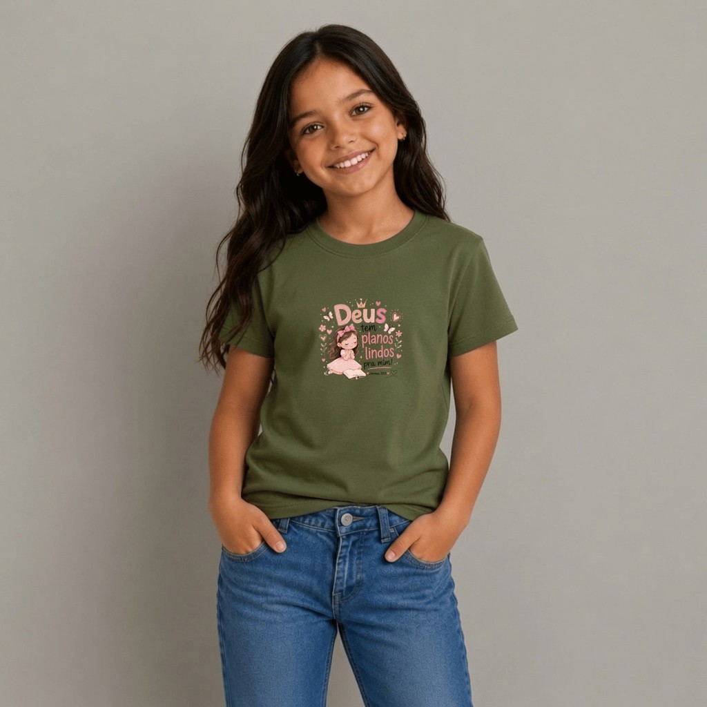 Camiseta Feminina Estampada Infantil Deus Tem Planos Para Mim 100% Algodão Macia Fashion Estilosa