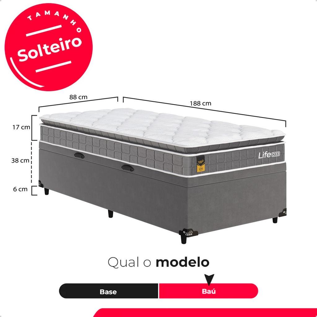 Cama Box Baú Solteiro + Colchão Life D33 Pillow Top 61x88x188cm - Cinza- e-Shop Casa — imagem 2 de 2