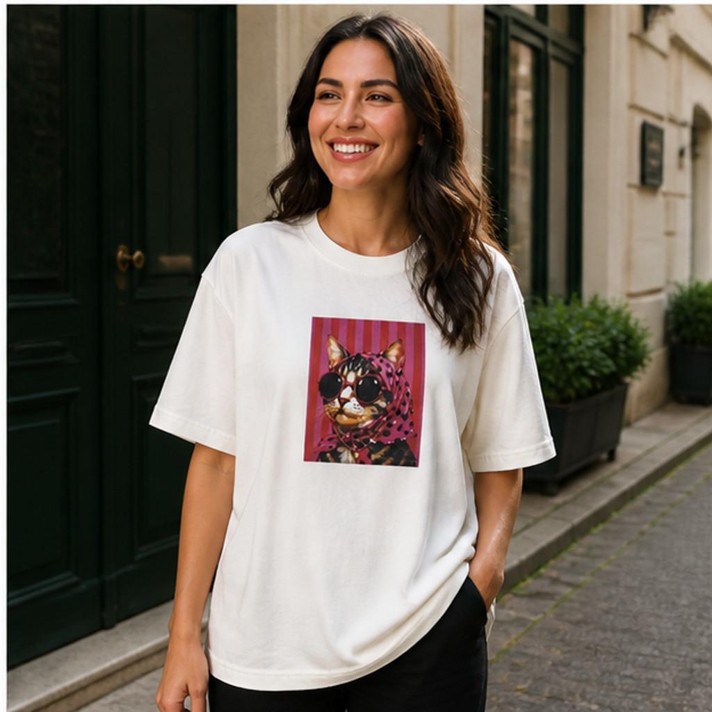 Camiseta Oversized Feminina Estampa Gato 100% Algodão Estilosa Soltinha