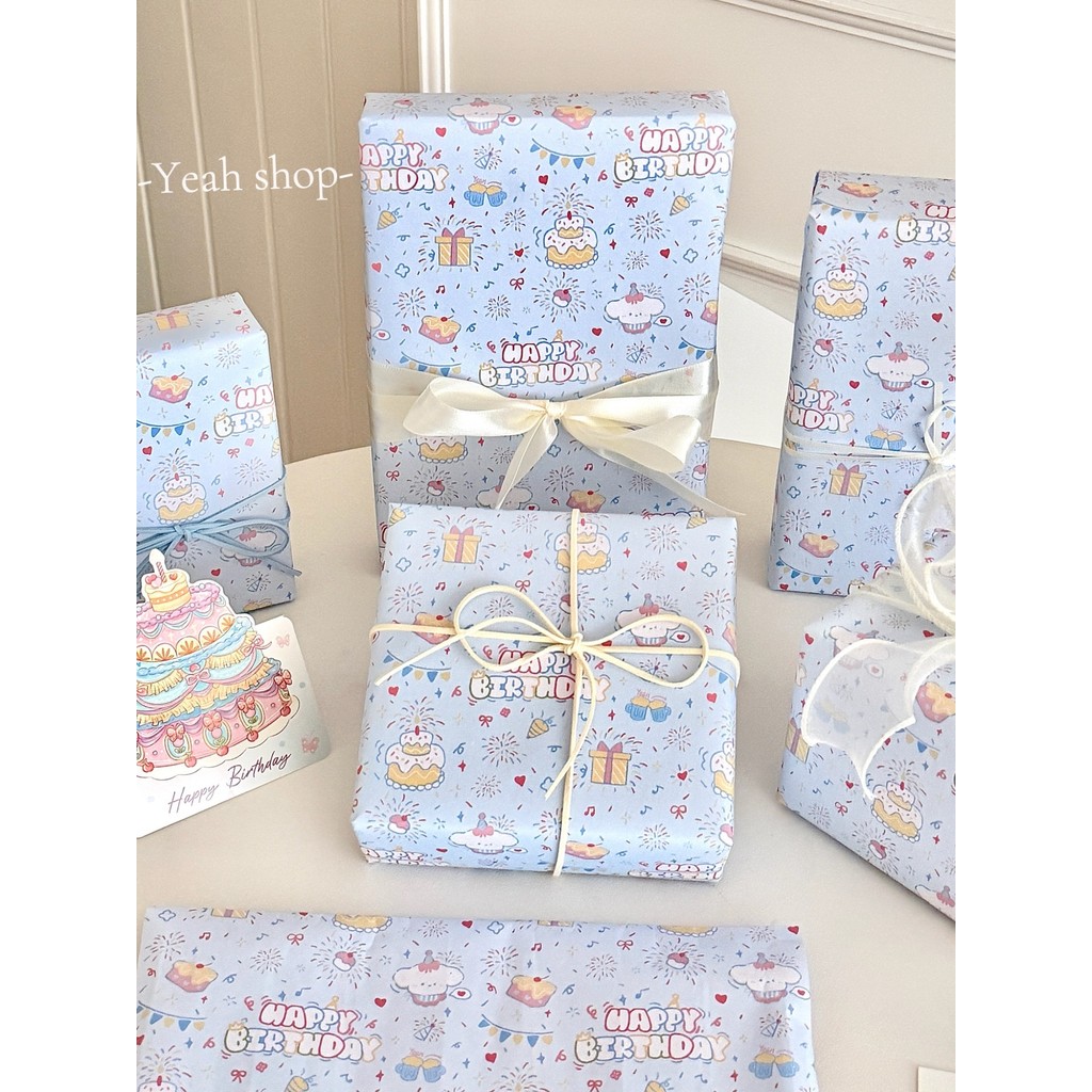Estilo coreano INS estilo bonito presente de aniversário papel de embrulho Blues dos desenhos animados bolo impressão pa