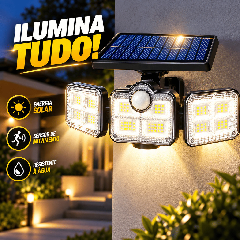 Refletor Grande Solar Luminaria 122 Leds Detecção Movimentos Comando A Distância Placa 3 Cabeças Rotativas Articuladas