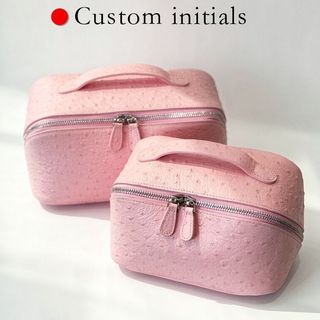 Bolsa cosmética leve e luxuosa com padrão de avestruz, primeira camada de couro, bolsa de armazenamento de grande capaci