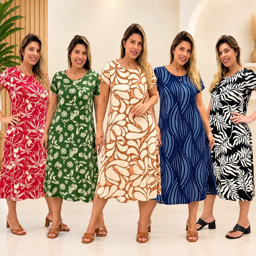 Vestido Longuete em Viscose Estampada com Manga Curta