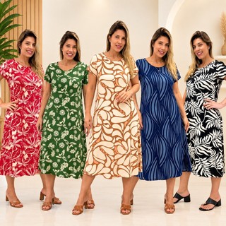 Vestido Longuete em Viscose Estampada com Manga Curta