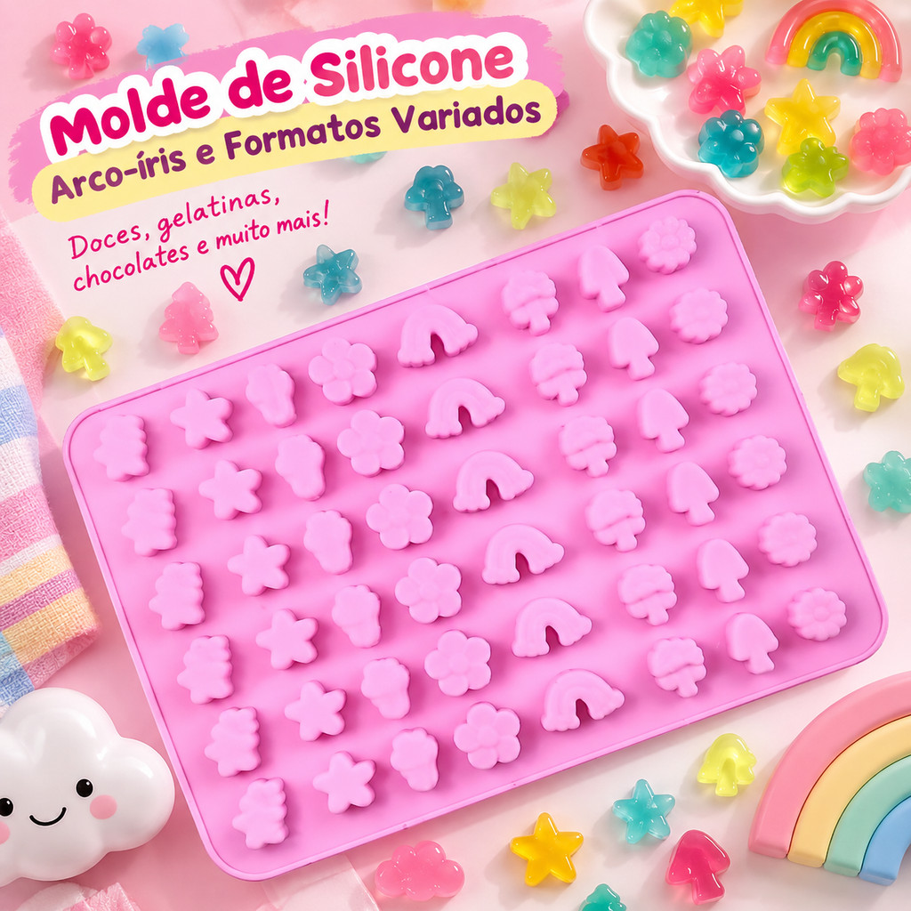 Molde Silicone Arco Íris Nuvem Sol Estrela Gummy Chocolate Gelatina Doces Artesanato Confeitaria Rosa Reutilizável