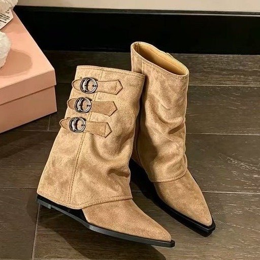 Botas Femininas de Bico Fino, Botas Curtas Soltas, Elegantes Botas de Salto Anabela, Tamanhos 35-40