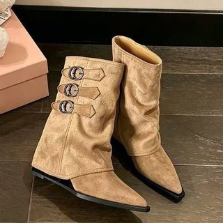Botas Femininas de Bico Fino, Botas Curtas Soltas, Elegantes Botas de Salto Anabela, Tamanhos 35-40