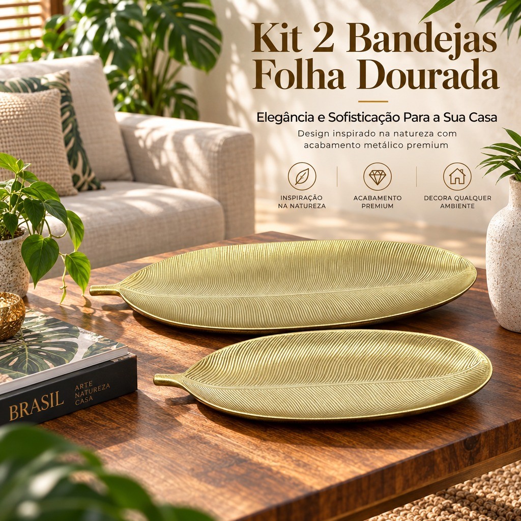 Kit 2 Bandejas Decorativas Formato Folha Dourada Centro Mesa