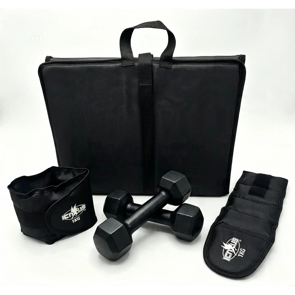 Kit Treino Colchonete + Caneleira Tornozeleira Peso 1kg + Par Haltere 1kg Peso de Mão Emborrachado