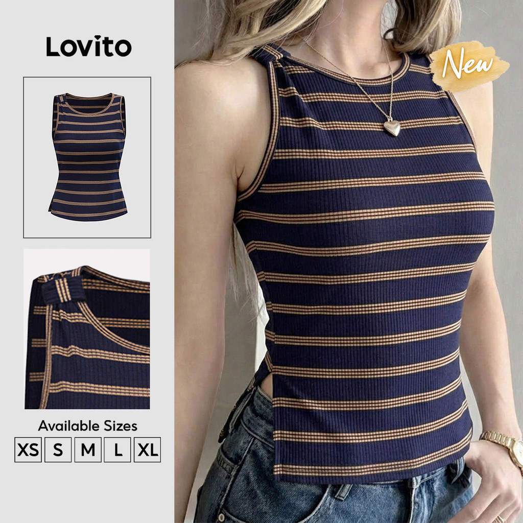 (New Arrival) Lovito Top Casual Azul Escuro para Mulheres primavera/verão TKK9P2D538