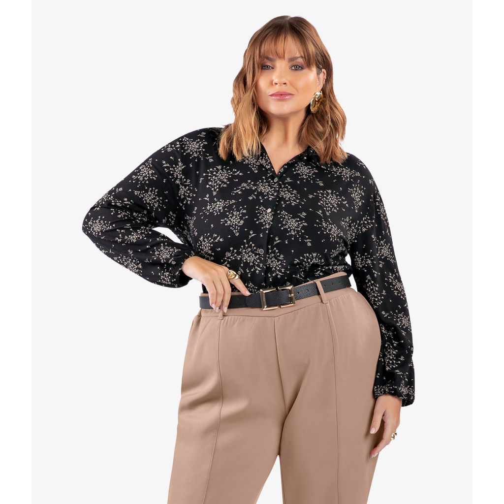 Camisa Manga Longa Estampada Plus Size Secret Glam Preto
