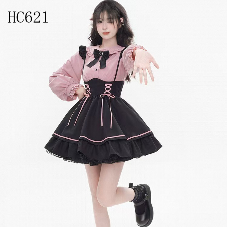 Vestido Lolita Japonês com Ombros Descobertos, Gola de Boneca Fofa e Doce, Babados, Laço, Camisa de Manga Longa JK, Saia
