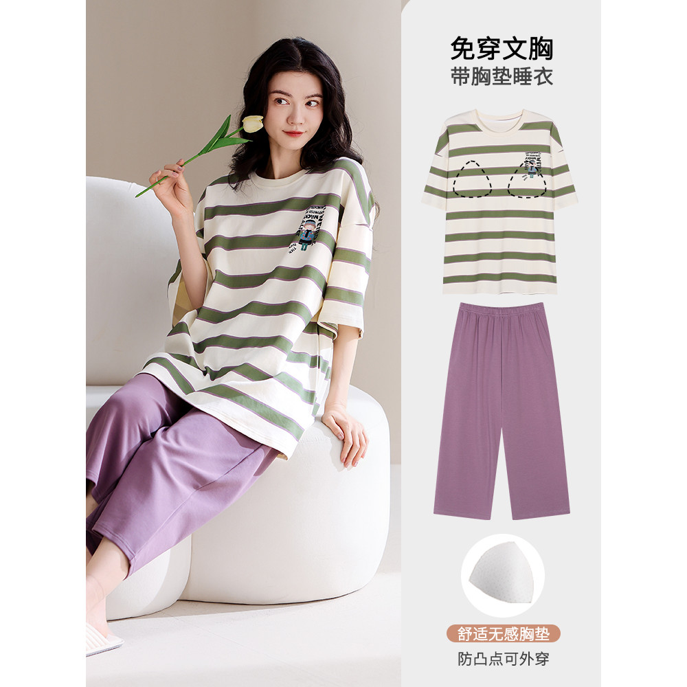 Daphne 2025 novo estilo pijamas de algodão puro feminino verão com almofada no peito calças cortadas de manga curta em t