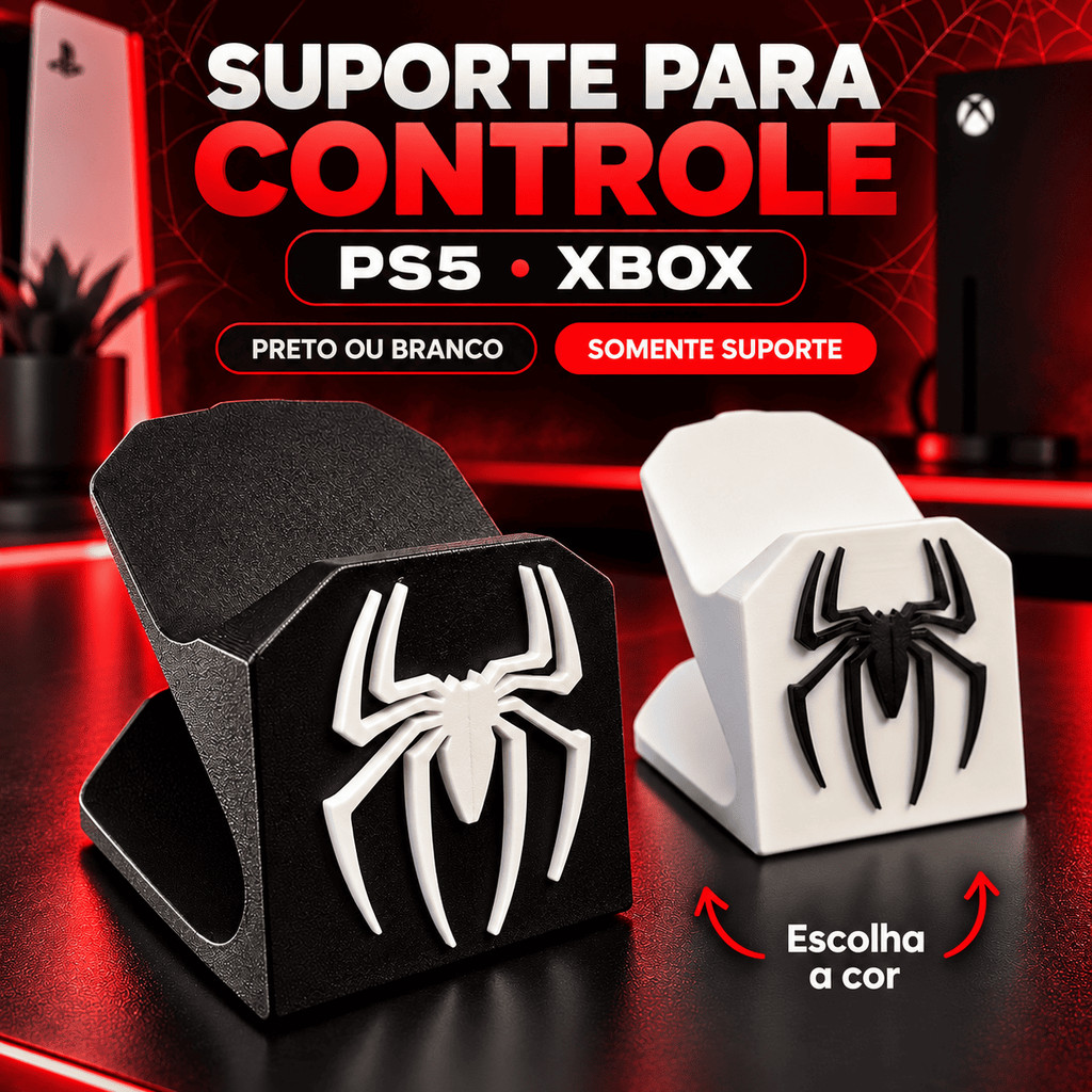 Suporte para Controle PS5 Xbox de Mesa com Aranha em Relevo Organizador Gamer DualSense Preto ou Branco