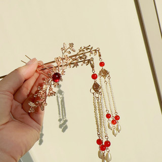 Frete grátis Hanfu dourado vermelho conjunto de cocar grampo de cabelo coroa pequena borla grampo de cabelo placa diária